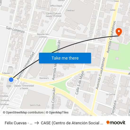 Félix Cuevas - Zapata to CASE (Centro de Atención Social Especializada) map