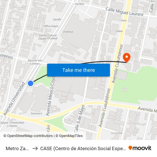 Metro Zapata to CASE (Centro de Atención Social Especializada) map