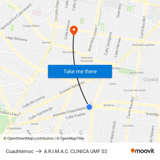 Cuauhtémoc to A.R.I.M.A.C. CLINICA UMF 02 map