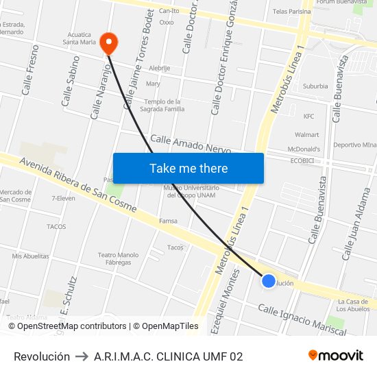 Revolución to A.R.I.M.A.C. CLINICA UMF 02 map