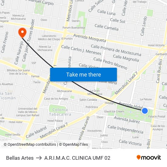 Bellas Artes to A.R.I.M.A.C. CLINICA UMF 02 map