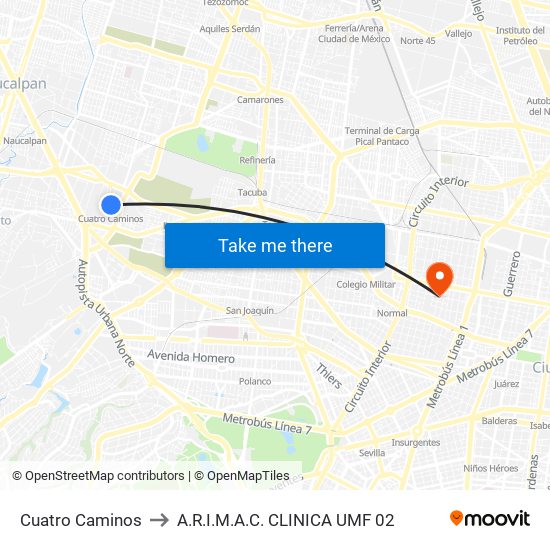 Cuatro Caminos to A.R.I.M.A.C. CLINICA UMF 02 map