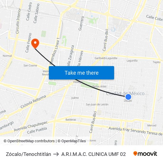 Zócalo/Tenochtitlán to A.R.I.M.A.C. CLINICA UMF 02 map