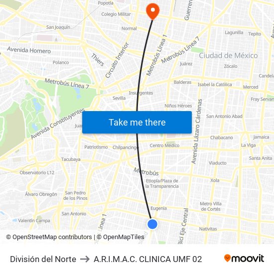 División del Norte to A.R.I.M.A.C. CLINICA UMF 02 map