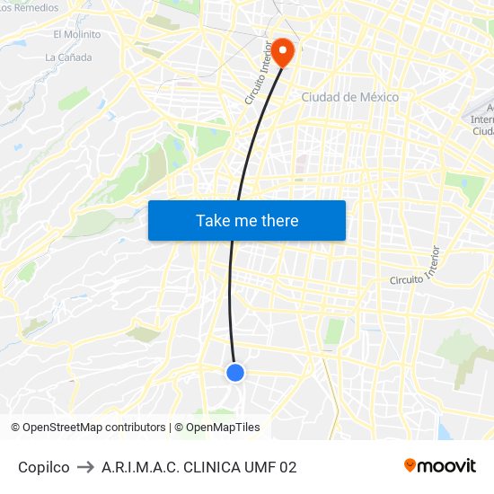 Copilco to A.R.I.M.A.C. CLINICA UMF 02 map