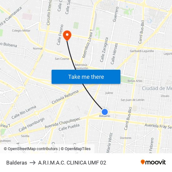 Balderas to A.R.I.M.A.C. CLINICA UMF 02 map