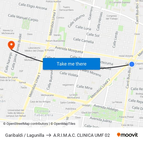 Garibaldi / Lagunilla to A.R.I.M.A.C. CLINICA UMF 02 map