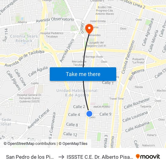 San Pedro de los Pinos to ISSSTE C.E. Dr. Alberto Pisanty map