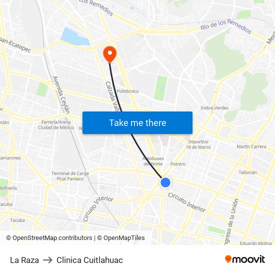 La Raza to Clinica Cuitlahuac map