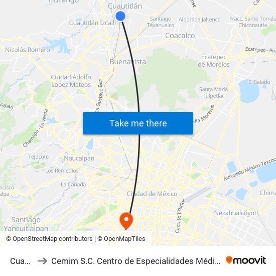 Cuautitlán to Cemim S.C. Centro de Especialidades Médicas E Investigación de México map