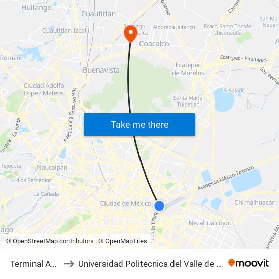 Terminal Aérea to Universidad Politecnica del Valle de Mexico map