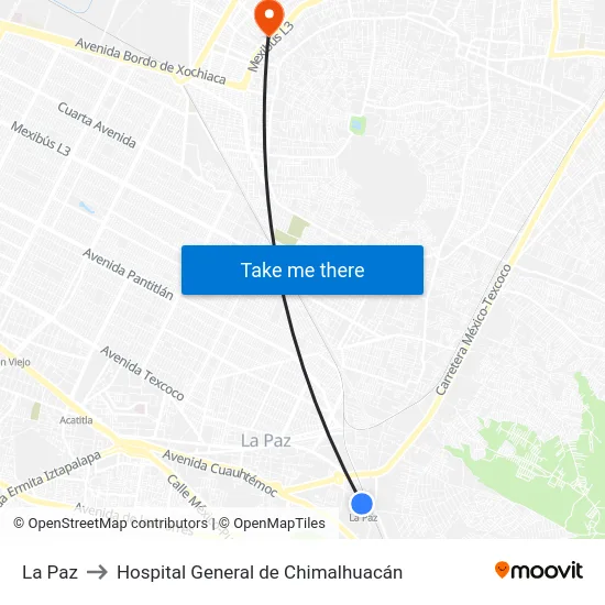 La Paz to Hospital General de Chimalhuacán map