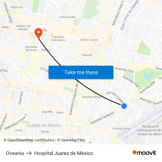 Oceanía to Hospital Juarez de México map