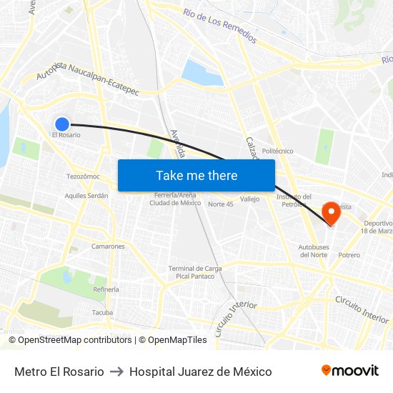 Metro El Rosario to Hospital Juarez de México map