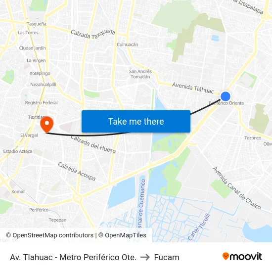 Av. Tlahuac - Metro Periférico Ote. to Fucam map