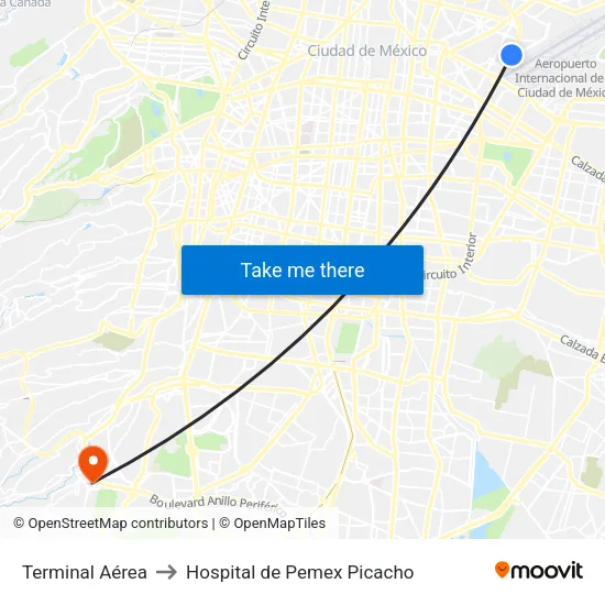 Terminal Aérea to Hospital de Pemex Picacho map