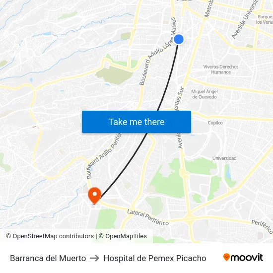 Barranca del Muerto to Hospital de Pemex Picacho map