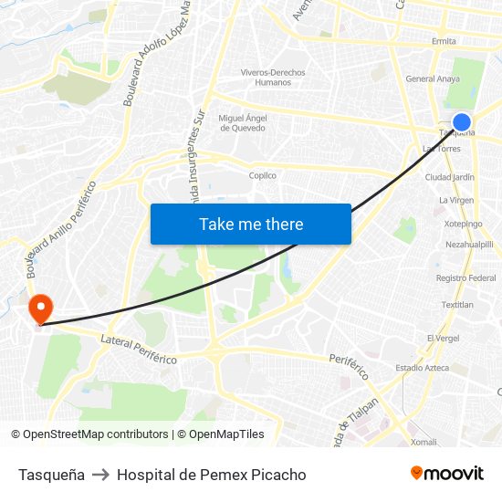 Tasqueña to Hospital de Pemex Picacho map
