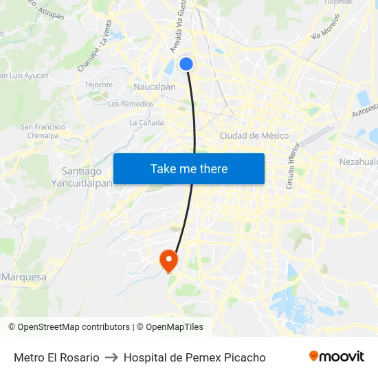 Metro El Rosario to Hospital de Pemex Picacho map
