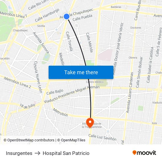 Insurgentes to Hospital San Patricio map