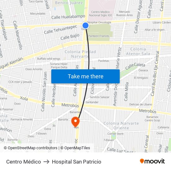 Centro Médico to Hospital San Patricio map