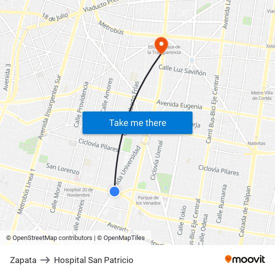 Zapata to Hospital San Patricio map