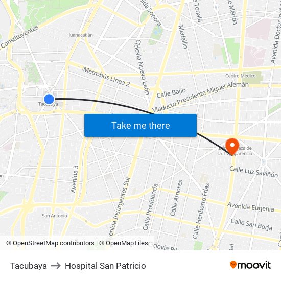 Tacubaya to Hospital San Patricio map