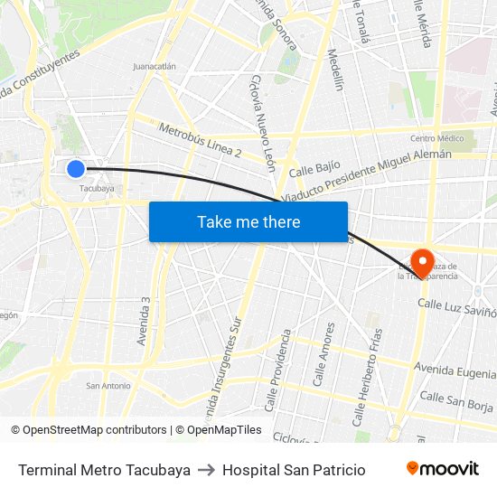 Terminal Metro Tacubaya to Hospital San Patricio map