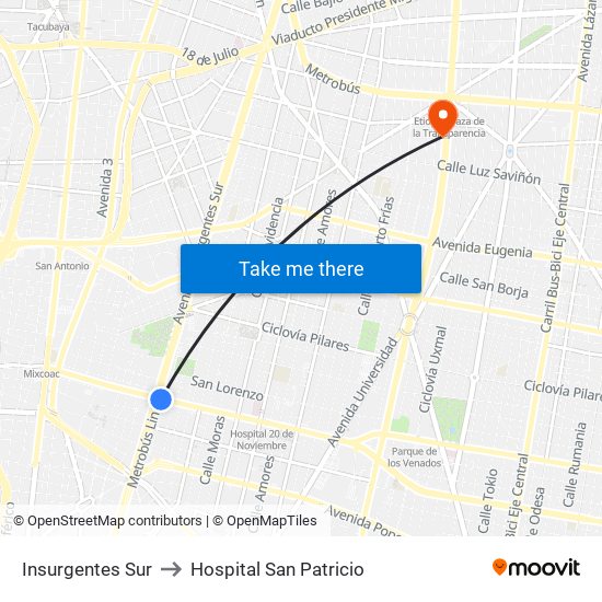 Insurgentes Sur to Hospital San Patricio map