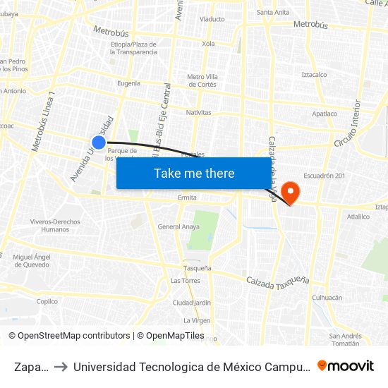 Zapata to Universidad Tecnologica de México Campus Sur map