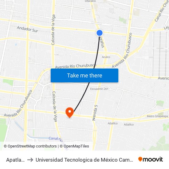 Apatlaco to Universidad Tecnologica de México Campus Sur map