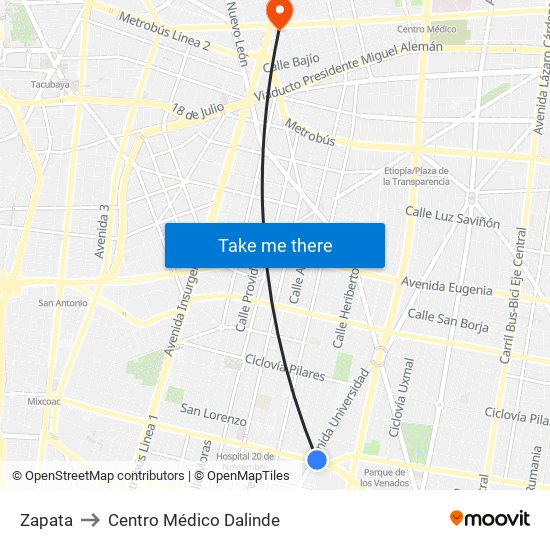 Zapata to Centro Médico Dalinde map