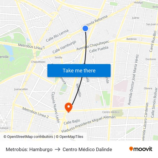 Metrobús: Hamburgo to Centro Médico Dalinde map