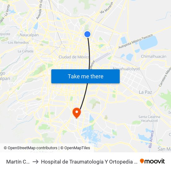 Martín Carrera to Hospital de Traumatología Y Ortopedia No 2 ""Villa Coapa"" map