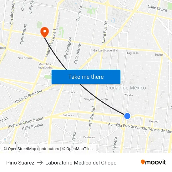 Pino Suárez to Laboratorio Médico del Chopo map