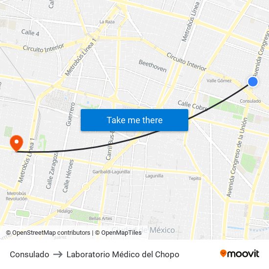 Consulado to Laboratorio Médico del Chopo map