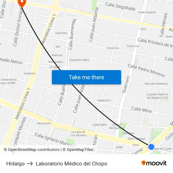 Hidalgo to Laboratorio Médico del Chopo map