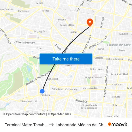 Terminal Metro Tacubaya to Laboratorio Médico del Chopo map