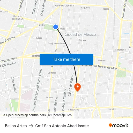 Bellas Artes to Cmf San Antonio Abad Issste map