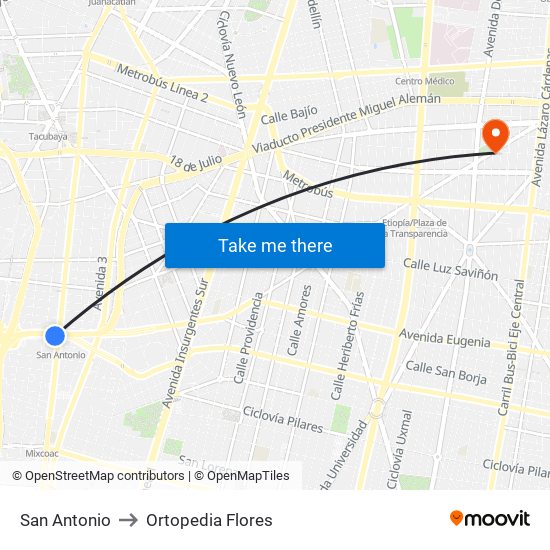 San Antonio to Ortopedia Flores map