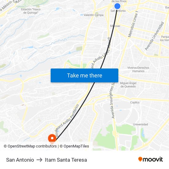 San Antonio to Itam Santa Teresa map