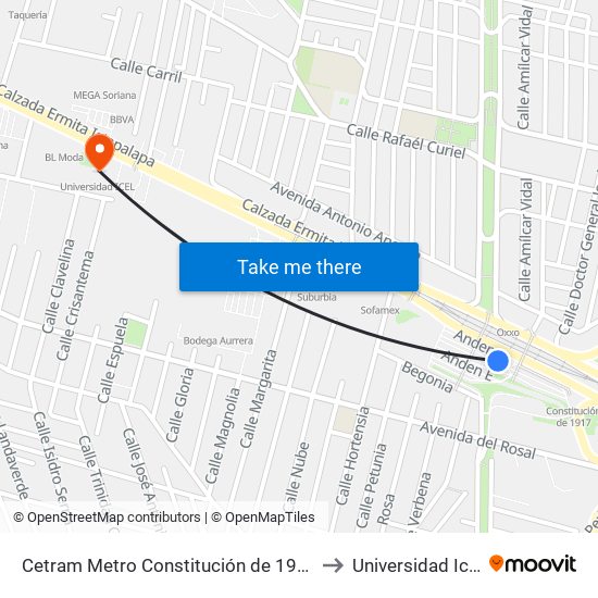 Cetram Metro Constitución de 1917 to Universidad Icel map