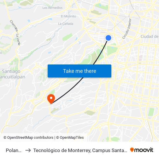 Polanco to Tecnológico de Monterrey, Campus Santa Fe map