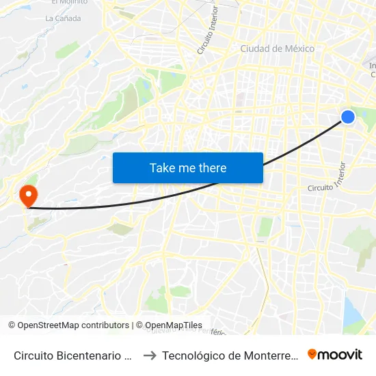 Circuito Bicentenario Río Churubusco_1 to Tecnológico de Monterrey, Campus Santa Fe map