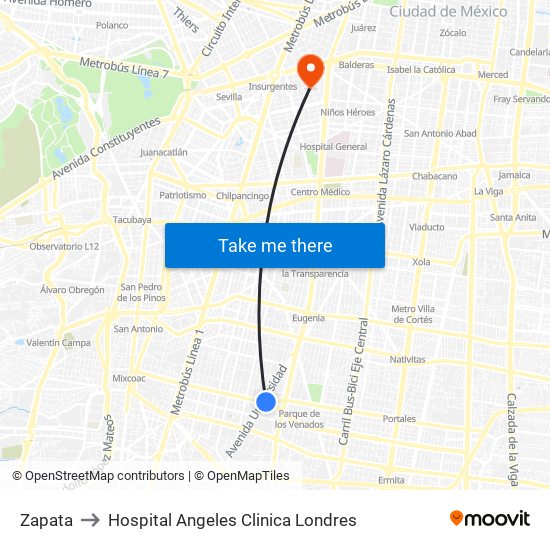 Zapata to Hospital Angeles Clinica Londres map