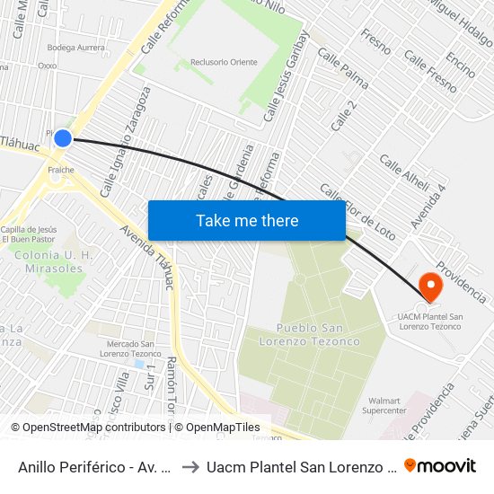 Anillo Periférico - Av. Tláhuac to Uacm Plantel San Lorenzo Tezonco map