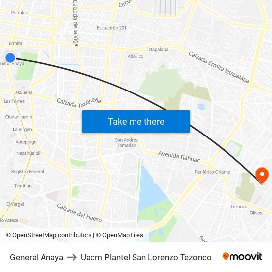 General Anaya to Uacm Plantel San Lorenzo Tezonco map
