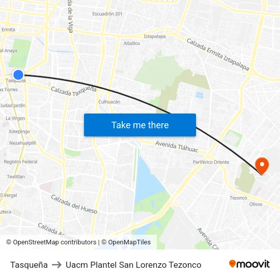 Tasqueña to Uacm Plantel San Lorenzo Tezonco map
