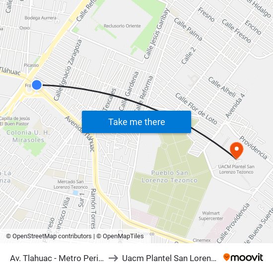 Av. Tlahuac - Metro Periférico Ote. to Uacm Plantel San Lorenzo Tezonco map