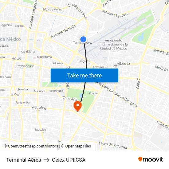 Terminal Aérea to Celex UPIICSA map